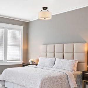 Black Semi Flush Mount Ceiling Light Fixture 12.2'' Drum Light Fixture with White Fabric Shade Lamps 3-Light Modern Ceiling Lights for Bedroom Living Room Dining Room Entryway