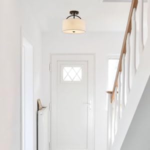 Black Semi Flush Mount Ceiling Light Fixture 12.2'' Drum Light Fixture with White Fabric Shade Lamps 3-Light Modern Ceiling Lights for Bedroom Living Room Dining Room Entryway