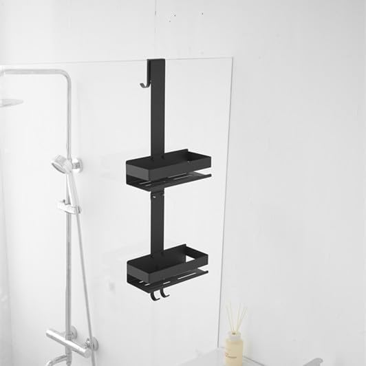 Shower Caddy Over Door Black - 2 Tier Haning Shower Caddy Shelf Rack, Stainless Steel Shower Organizer No Drilling Bath Shower Storage