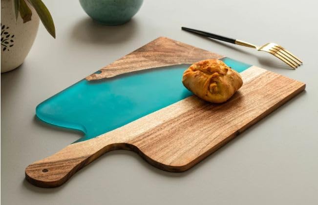 Acacia Wood & Epoxy cheese board | 16.5x10inch | Use as serving platter tray for charcuterie, appetizers, Snacks, dishes | Resin Cutting Board for fruits and vegetables | Turquoise