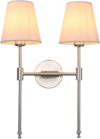 PERMO Industrial Double Sconce Large 2-Lights Wall Sconce with Flared White Textile Lampshade and Brushed Nickel Finished Long Arm for Bathroom Bedroom, Hardwired Wall Sconces