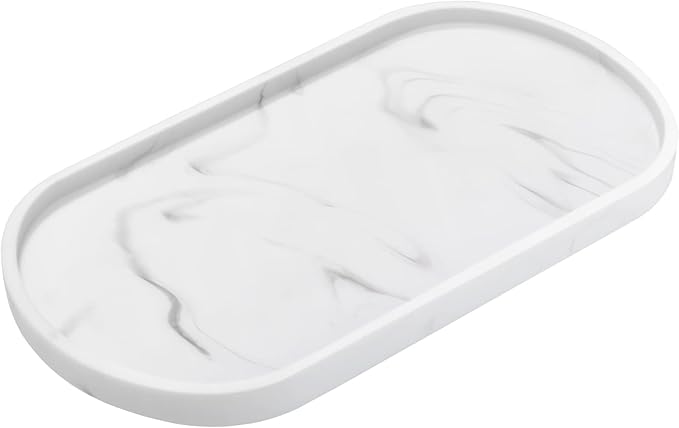 Luxspire Vanity Tray, Toilet Tank Oval Storage Tray, Resin Soap Tray Bathtub Tray, Bathroom Countertop Organization, Vanity Organizer for Candles, Soap, Towel, Plant, Medium, 11.4 Inch, Marble White