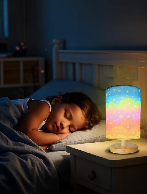 Kids Table Lamp for Bedroom, Rainbow Lamp, 3 Level Dimmable Wood Nightstand Desk Base Flaxen Fabric Shade for Bedroom Living Room,Rainbow Lamp Gifts for Girls (Colorful)