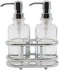 3 Piece Round Heavy Weight Glass Soap Lotion Pump Dispenser Set with Metal Caddy for Home Bath Kitchen Travel Office Hand Crafted Metal Tray Chrome