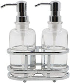 3 Piece Round Heavy Weight Glass Soap Lotion Pump Dispenser Set with Metal Caddy for Home Bath Kitchen Travel Office Hand Crafted Metal Tray Chrome