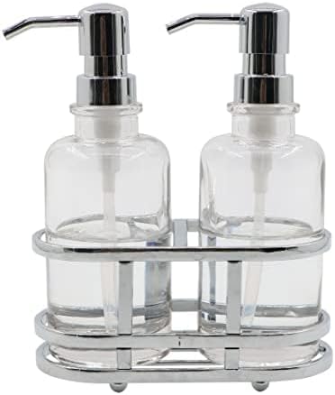 3 Piece Round Heavy Weight Glass Soap Lotion Pump Dispenser Set with Metal Caddy for Home Bath Kitchen Travel Office Hand Crafted Metal Tray Chrome