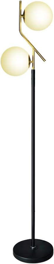 Hsyile Lighting KU300208 Modern Style Two Milky White Glass Orbs and Brass Finish Floor Lamp for Living Room,Bedroom,Office,Hotel,Light Pole and Base Black Finish