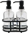 3 Piece Round Heavy Weight Glass Soap Lotion Pump Dispenser Set with Metal Caddy for Home Bath Kitchen Travel Office Hand Crafted Metal Tray Matte Black