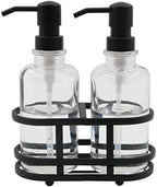 3 Piece Round Heavy Weight Glass Soap Lotion Pump Dispenser Set with Metal Caddy for Home Bath Kitchen Travel Office Hand Crafted Metal Tray Matte Black