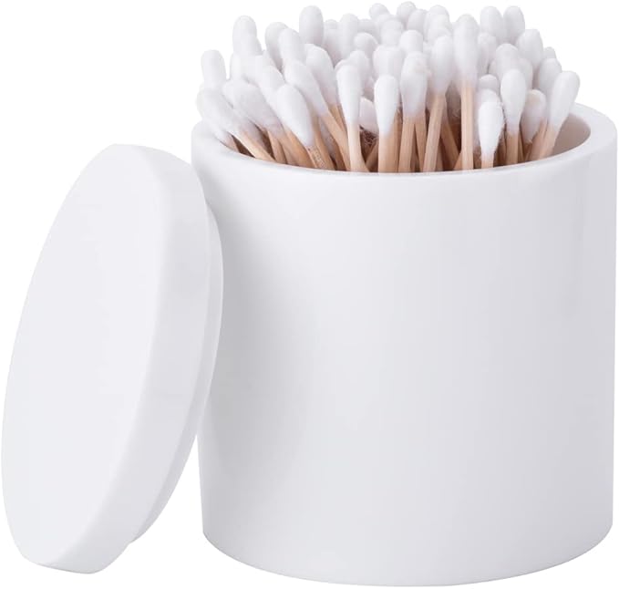 Cotton Swab Holder with Lid, White Qtip Holder Bathroom, Resin Cotton Ball Canister Jar Cosmetics Makeup Countertop Organizer Containers Canister Apothecary Jar