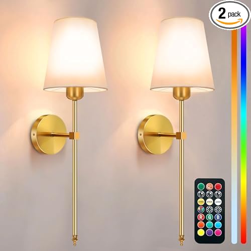 Auzev Battery Operated Wall Sconces Set of 2, Wall Lights for Living Room, Cordless Sconce Wall Decor Battery Powered Rechargeable Bedroom Wall Lamps with Remote Dimmable Sconce Lights No Wiring