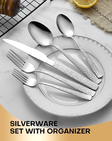 49Pcs Silverware Set with Organizer, Silver Stainless Steel Flatware Set for 8 Cutlery Utensil Sets with Steak Knives, Spoons and Forks Set, Dishwasher Safe