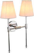 PERMO Classic Double Sconce Chrome 2 Lights Wall Sconce Rustic Wall Mount Lighting Fixture with Flared White Textile Lamp Shade