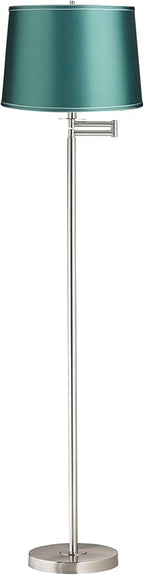 360 Lighting Druckman Modern 60 1/2" Tall Standing Floor Lamp Skinny Adjustable Swing Arm Pole Silver Metal Brushed Nickel Finish Living Room Bedroom House Reading Office Teal Blue Drum Shade