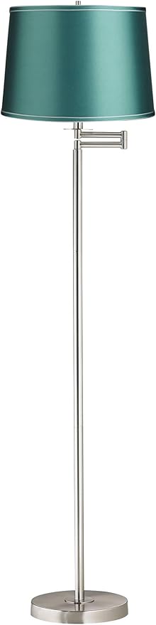 360 Lighting Druckman Modern 60 1/2" Tall Standing Floor Lamp Skinny Adjustable Swing Arm Pole Silver Metal Brushed Nickel Finish Living Room Bedroom House Reading Office Teal Blue Drum Shade