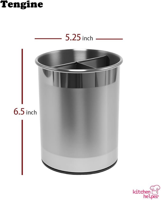 TENGINE Stainless Utensil Holder 360° Rotating 6.5X5.25 Inch Utensil Crocks for Kitchen Counter with Removable Divider Sliver
