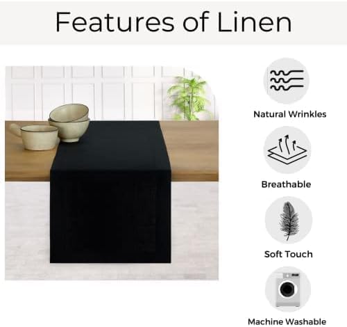 D'Moksha Homes Linen Black Table Runner 90 Inches Long - 100% Pure Linen 14 x 90 Inch Table Runner for Dining, Fall, Autumn and Halloween - Machine Washable