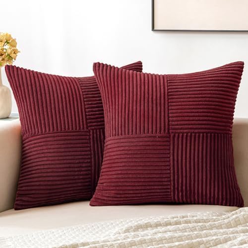 MIULEE Christmas Burgundy Corduroy Pillow Covers Pack of 2 Boho Decorative Spliced Throw Pillow Covers Soft Solid Couch Pillowcases Cross Patchwork Cushion Covers for Living Room Bed Sofa 16x16 inch