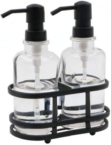 3 Piece Round Heavy Weight Glass Soap Lotion Pump Dispenser Set with Metal Caddy for Home Bath Kitchen Travel Office Hand Crafted Metal Tray Matte Black