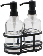 3 Piece Round Heavy Weight Glass Soap Lotion Pump Dispenser Set with Metal Caddy for Home Bath Kitchen Travel Office Hand Crafted Metal Tray Matte Black