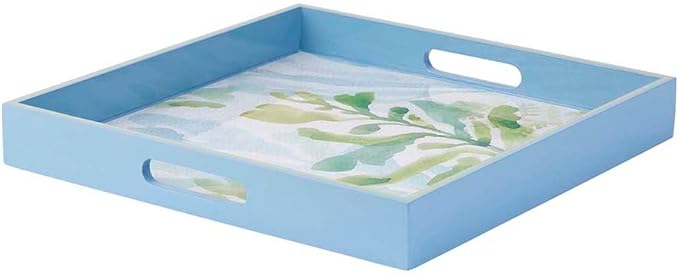 rockflowerpaper Sea Kelp 15inch Square Lacquered Wooden Serving Tray with Handles, Coffee Table Ottoman Tray for Dining. for Food, Drinks, Cocktail, Great for Parties, Entertaining & Gift