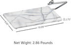 White Marble Cheese Board with Stainless Steel Slicer - Unique Grey Veining and Grooved Design White Marble Cheese Board, Cheese Cutting Serveware For Kitchen, 9.75" W x 8.5" D x 0.75" H