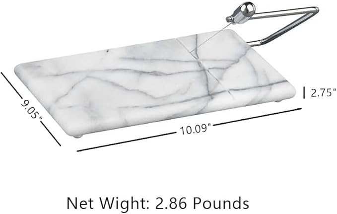 White Marble Cheese Board with Stainless Steel Slicer - Unique Grey Veining and Grooved Design White Marble Cheese Board, Cheese Cutting Serveware For Kitchen, 9.75" W x 8.5" D x 0.75" H