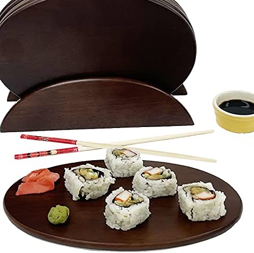 Woodard & Charles 6 Piece Wood Boards with Stand, Perfect for Serving, Sushi, Cheese, Hors d'oeuvre, Charcuterie, Sandwiches, 7 Piece Set, 9 1/2" x 6 1/2" (Walnut)
