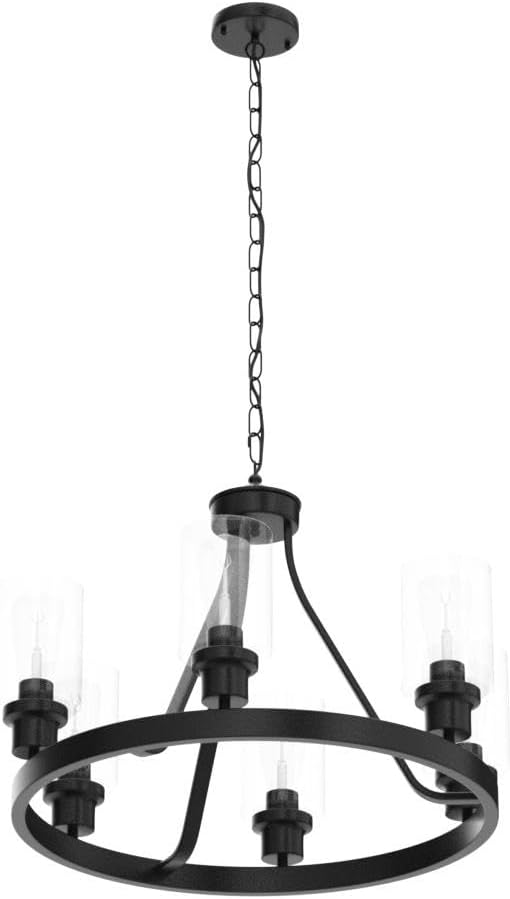 6-Light Farmhouse Chandelier Light Fixture Dining Room Lighting Fixtures Hanging Wagon Wheel Chandelier Kitchen Island Pendant Lights Modern Black Industrial Rustic Adjustable Height Metal