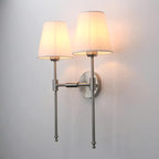 PERMO Industrial Double Sconce Large 2-Lights Wall Sconce with Flared White Textile Lampshade and Brushed Nickel Finished Long Arm for Bathroom Bedroom, Hardwired Wall Sconces