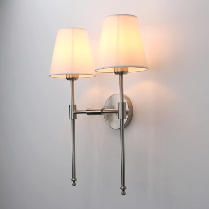 PERMO Industrial Double Sconce Large 2-Lights Wall Sconce with Flared White Textile Lampshade and Brushed Nickel Finished Long Arm for Bathroom Bedroom, Hardwired Wall Sconces
