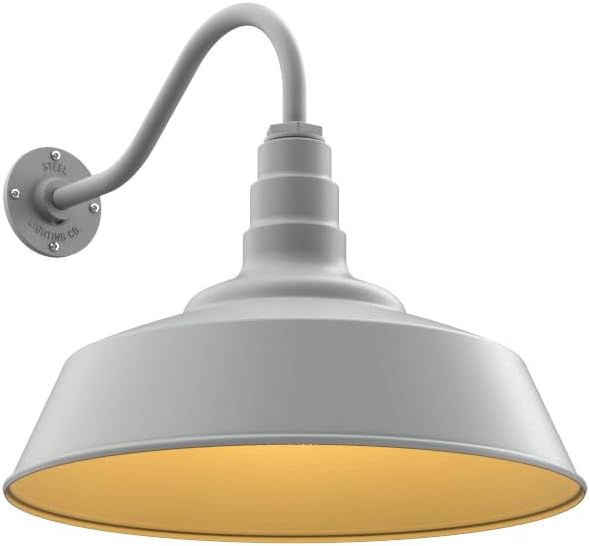 Steel Lighting Co. Redondo Barn Light | Outdoor Wall Mounted | 20 inch Dome | 16" Gooseneck | Large Farmhouse Warehouse Light Made in America | Modern Gray Exterior/Brass Interior