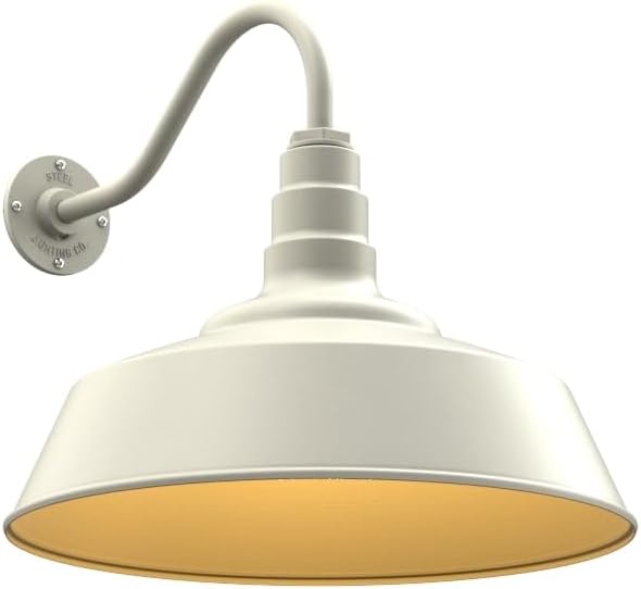 Steel Lighting Co. Redondo Barn Light | Outdoor Wall Mounted | 20 inch Dome | 16" Gooseneck | Large Farmhouse Warehouse Light Made in America | Cream Exterior/Brass Interior