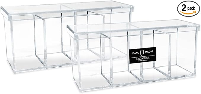 Isaac Jacobs 2-Pack 4-Compartment Clear Acrylic Organizers with Lid (9” L x 3” W x 4” H), Makeup Brush Holder, Sectional Tray, Storage Solution for Makeup, Crafts, Office Supplies & More (2, Clear)