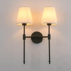 PERMO Classic Rustic Double Sconce 2-Lights Wall Sconce Lighting Fixture with Flared White Textile Lamp Shade and and Black Finished Long Arm,Wall Sconce Light Fixture for Bathroom Bedroom Bedside