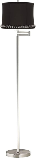 360 Lighting Druckman Modern 60 1/2" Tall Standing Floor Lamp Skinny Adjustable Swing Arm Pole Silver Metal Brushed Nickel Finish Living Room Bedroom House Reading Office Massa Black Drum Shade