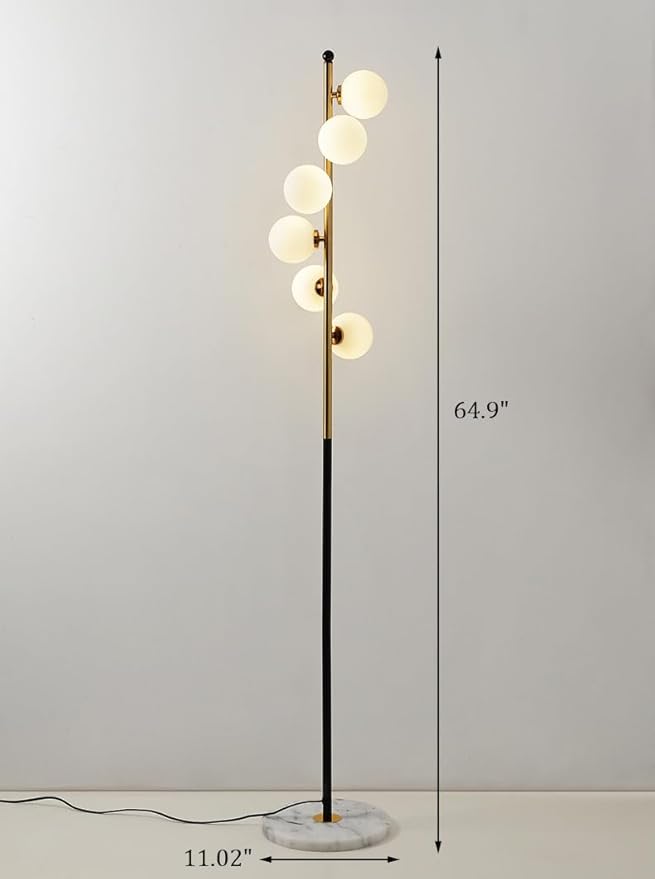 Modern Glass Globes Floor Lamp, 6 Lights Vertical Standing Lamps, Mid Century Floor Lamp, Elegant Floor Lamps with Stable Base for Living Room Bedroom Office