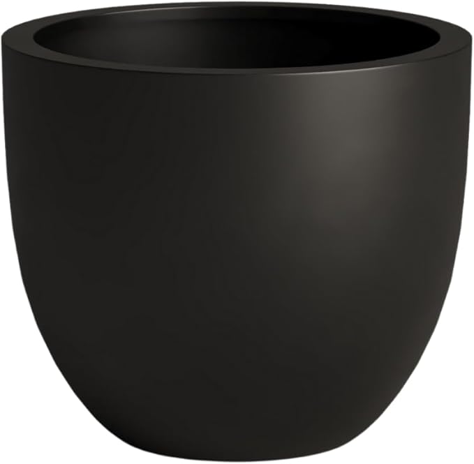 DTY Signature Mount Belford Lightweight and Durable Modern Fiberstone Egg Shaped Planter for Indoor Outdoor Drainage Hole & Rubber Plug Weather Resistant, 10" H x 12" Dia, 10" Opening - Small, Black