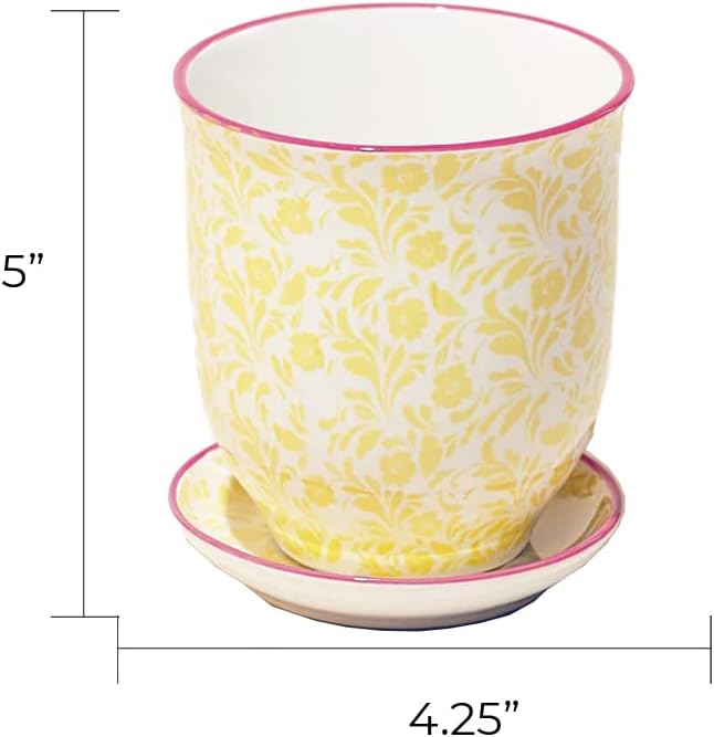CHIVE ‘Liberte’ Ceramic Succulent Pots — 4.25” Cute Vintage Farmhouse Style Planters for Indoor Plants — Beautiful Home & Kitchen Decor — Yellow Leaves