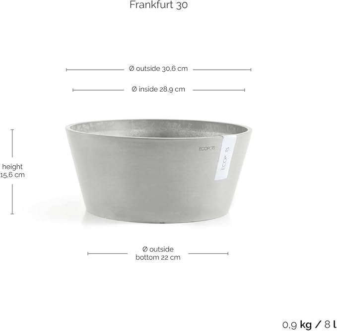 Ecopots Frankfurt Durable Modern Round Indoor/Outdoor Recycled-Based Composite Flower Pot Planter, White Grey, 12"
