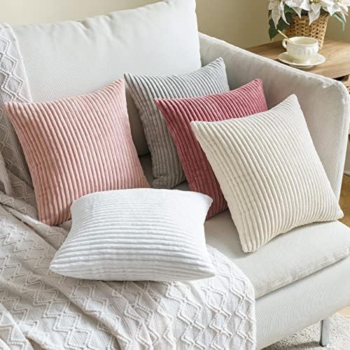 MIULEE Winter Pack of 2 Corduroy Pillow Covers Super Soft Throw Pillow Covers Striped Pillowcases for Sofa Bedroom Couch 20 x 20 Inch Pure White