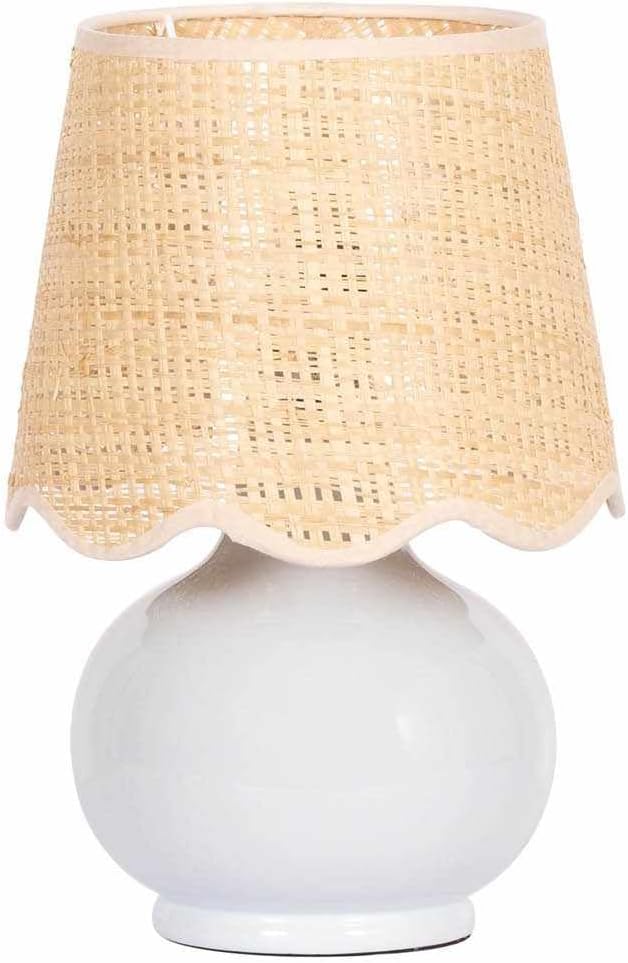 BoutiqueRugs Navarro Boho Ceramic Bedside Table Lamp for Bedroom Nightstand and Living Room - Shade Rattan - Blue, Beige - 13" H