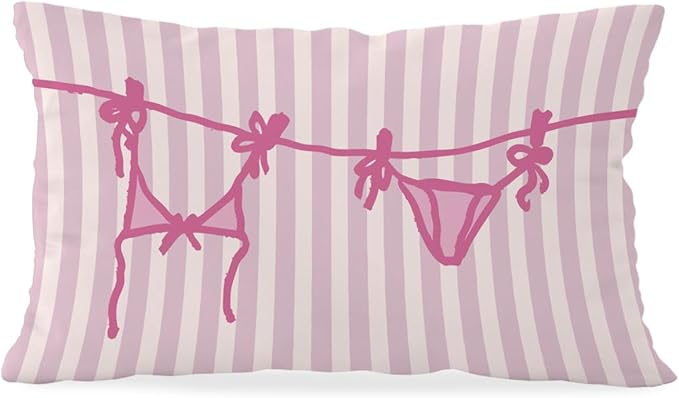 Beachy Throw Pillow Cover 12x20, Pink Coastal Room Decor, Trendy Indoor Outdoor Lumbar Pillow Cover, Preppy Bikini Prints Girls Room College Dorm Sofa Couch Decor