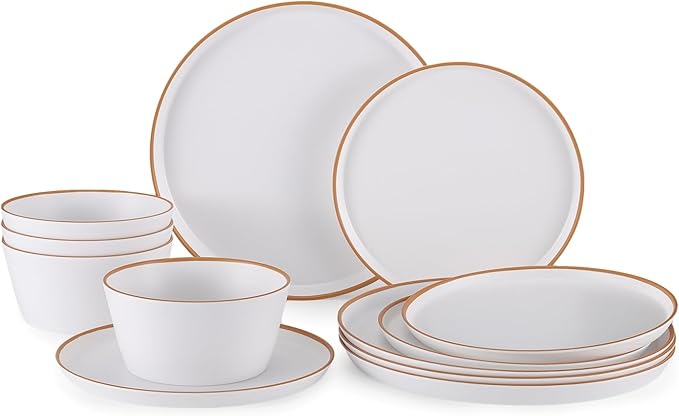 Melamine Dinnerware for 4, 12 Pieces Unbreakable Matte Plastic Plates and Bowls set, Kitchen Dish set BPA Free, Dishwasher Top Safe, Not Microwave, Not Oven (White)