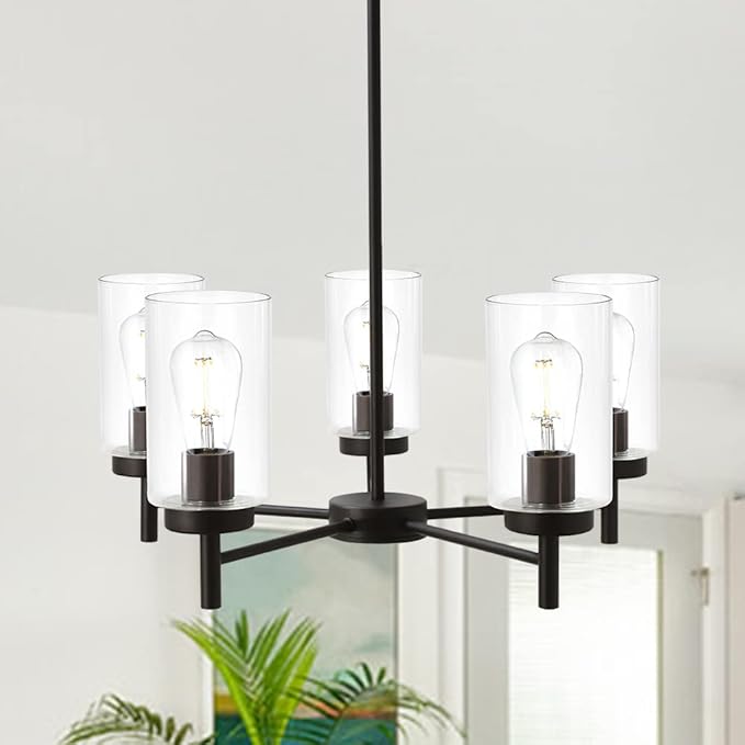 VINLUZ Contemporary 5-Light Large Chandeliers Oil Rubbed Bronze Modern Lighting Fixtures Hanging Clear Glass Shades Pendant Lighting for Dining Room Living Room Kitchen