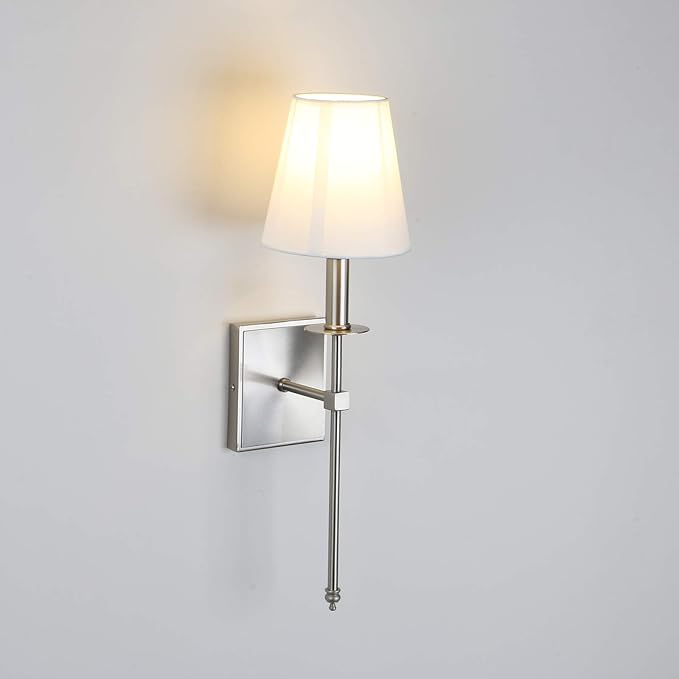 PERMO Single Classic Rustic Industrial Wall Sconce Hardwired Lighting Fixture with Flared White Textile Lamp Shade and Brushed Nickel Tapered Column Stand,Hardwired E26 Base