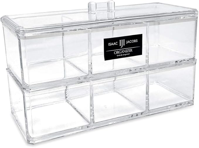 Isaac Jacobs 3-Compartment Clear Acrylic Rectangular Stackable Organizer with Lid, Multi-Sectional Drawer Tray, Storage Solution for Makeup, Craft Supplies, for Bathroom, Kitchen, Office (2, Clear)
