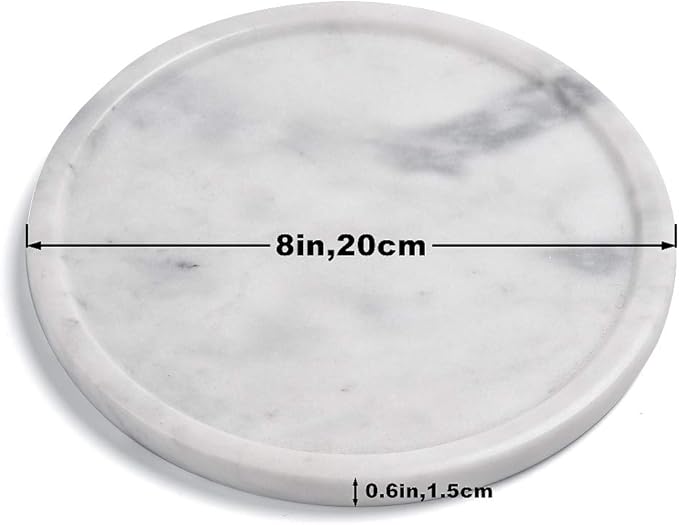 Natural Grey Marble Tray - Real Stone Decorative Tray, Genuine Marble for Bathroom, Kitchen, Dresser, Vanity - Holds Jewelry, Perfume, Shampoo - 8" Round
