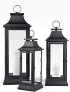 Serene Spaces Living Black Metal Hurricane Lantern with Clear Glass – 15" Tall, 5" Square. Versatile Hanging/Tabletop Candle Holder for Weddings, Parties, Indoor & Outdoor Home décor.