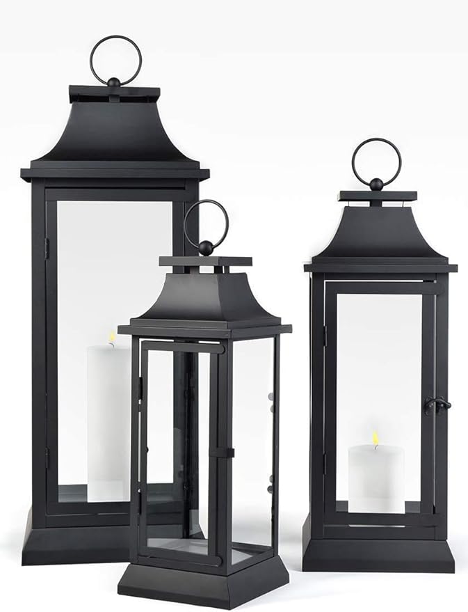 Serene Spaces Living Black Metal Hurricane Lantern with Clear Glass Panels – Hanging or Tabletop Decorative Lantern for Indoor & Outdoor – Weddings, Parties, Home Decor, 20" Tall & 7.75" Square